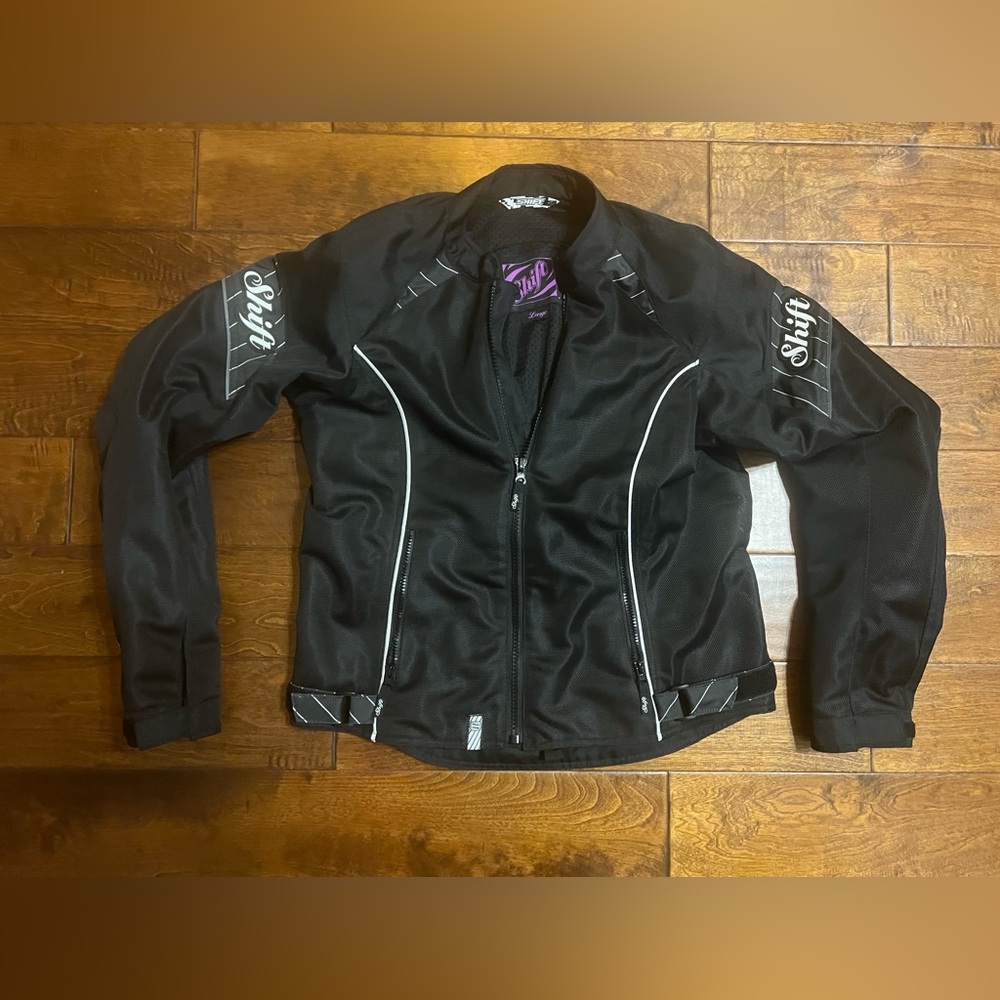 Stylish Black Women's Motorcycle Jacket Shift Size Large Black & White Like New